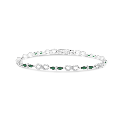[BRC01EMR00WCZA802] Sterling Silver 925 Bracelet Rhodium Plated Embedded With Emerald And White CZ