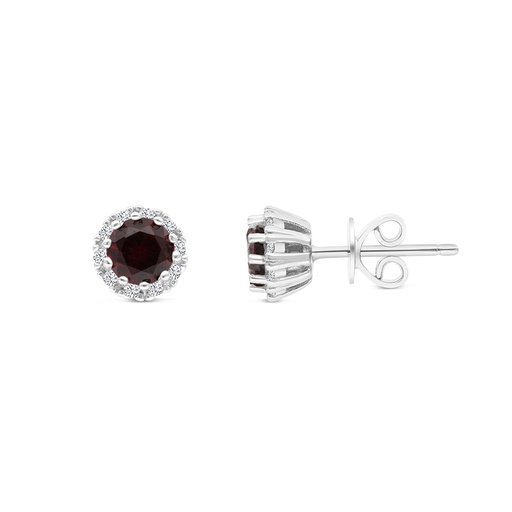 [EAR01RUB00WCZB606] Sterling Silver 925 Earring Rhodium Plated Embedded With Ruby Corundum And White CZ