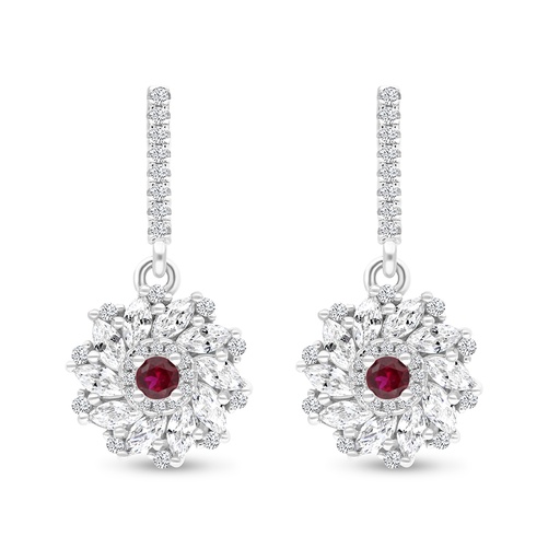 [EAR01RUB00WCZB632] Sterling Silver 925 Earring Rhodium Plated Embedded With Ruby Corundum And White CZ