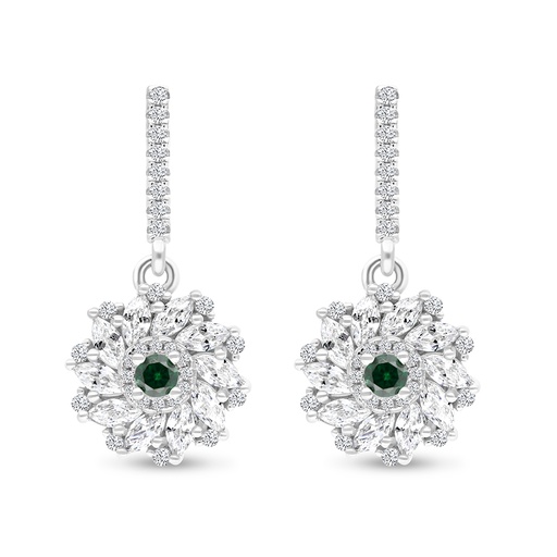 [EAR01EMR00WCZB632] Sterling Silver 925 Earring Rhodium Plated Embedded With Emerald And White CZ