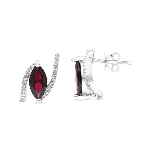[EAR01RUB00WCZB633] Sterling Silver 925 Earring Rhodium Plated Embedded With Ruby Corundum And White CZ
