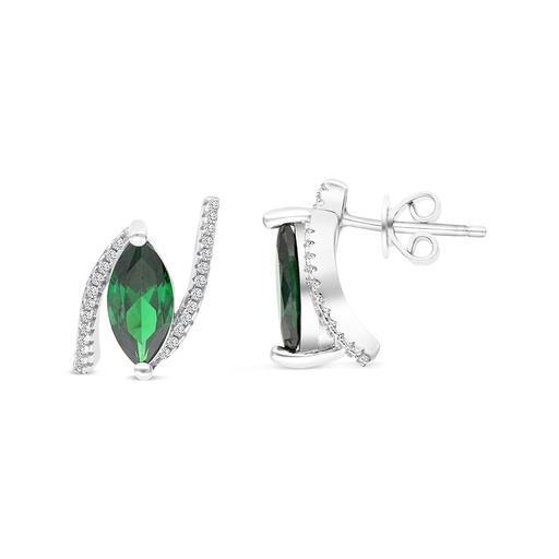[EAR01EMR00WCZB633] Sterling Silver 925 Earring Rhodium Plated Embedded With Emerald And White CZ