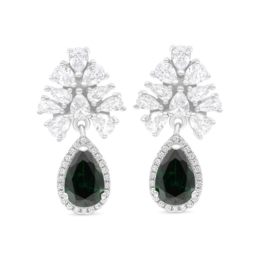 [EAR01EMR00WCZB634] Sterling Silver 925 Earring Rhodium Plated Embedded With Emerald And White CZ