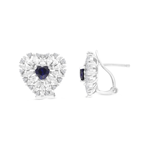 [EAR01SAP00WCZB638] Sterling Silver 925 Earring Rhodium Plated Embedded With Sapphire Corundum And White CZ