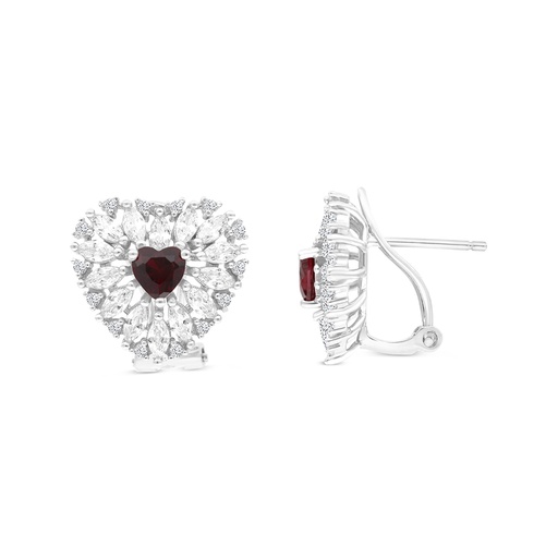 [EAR01RUB00WCZB638] Sterling Silver 925 Earring Rhodium Plated Embedded With Ruby Corundum And White CZ