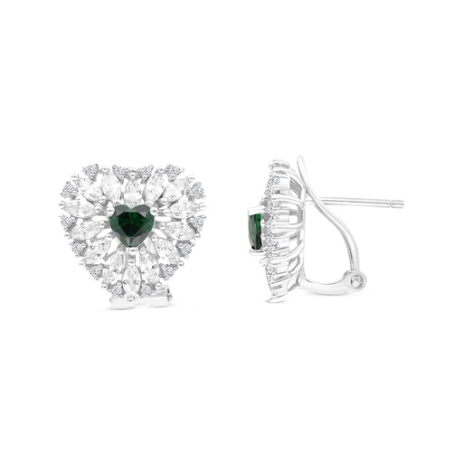 [EAR01EMR00WCZB638] Sterling Silver 925 Earring Rhodium Plated Embedded With Emerald And White CZ