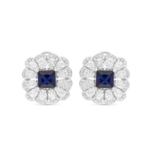 [EAR01SAP00WCZB639] Sterling Silver 925 Earring Rhodium Plated Embedded With Sapphire Corundum And White CZ