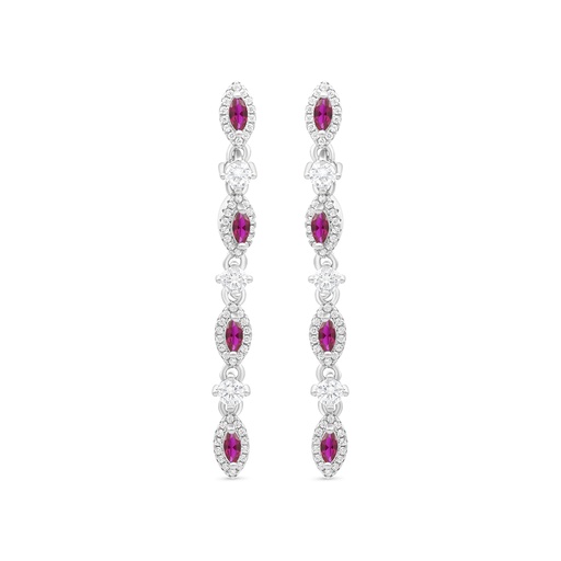 [EAR01RUB00WCZB643] Sterling Silver 925 Earring Rhodium Plated Embedded With Ruby Corundum And White CZ
