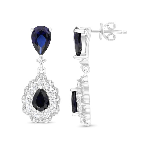 [EAR01SAP00WCZB645] Sterling Silver 925 Earring Rhodium Plated Embedded With Sapphire Corundum And White CZ