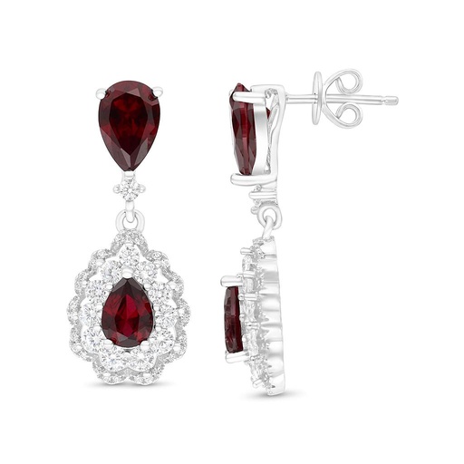 [EAR01RUB00WCZB645] Sterling Silver 925 Earring Rhodium Plated Embedded With Ruby Corundum And White CZ