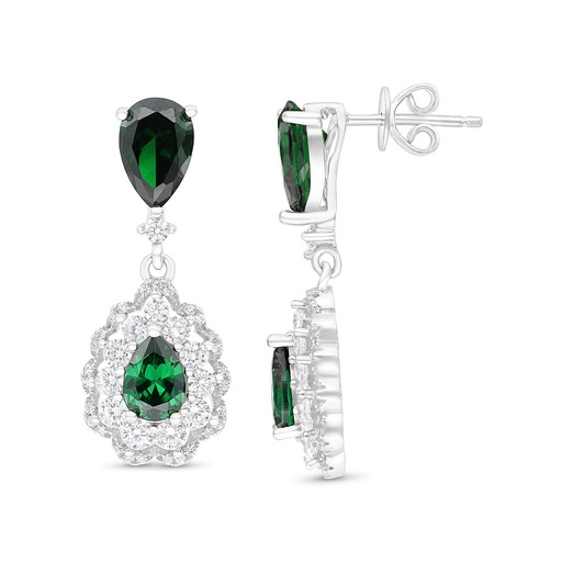 [EAR01EMR00WCZB645] Sterling Silver 925 Earring Rhodium Plated Embedded With Emerald And White CZ
