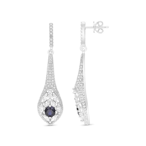 [EAR01SAP00WCZB647] Sterling Silver 925 Earring Rhodium Plated Embedded With Sapphire Corundum And White CZ