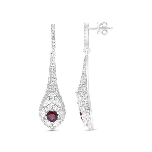 [EAR01RUB00WCZB647] Sterling Silver 925 Earring Rhodium Plated Embedded With Ruby Corundum And White CZ