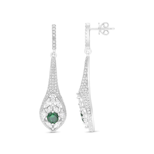 [EAR01EMR00WCZB647] Sterling Silver 925 Earring Rhodium Plated Embedded With Emerald And White CZ
