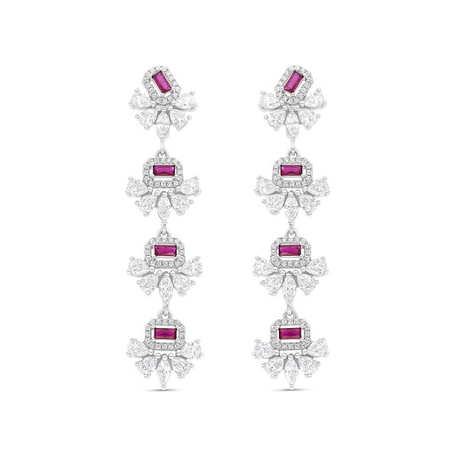[EAR01RUB00WCZB648] Sterling Silver 925 Earring Rhodium Plated Embedded With Ruby Corundum And White CZ