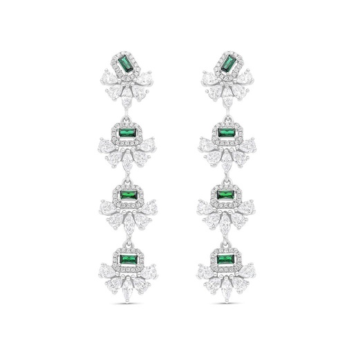 [EAR01EMR00WCZB648] Sterling Silver 925 Earring Rhodium Plated Embedded With Emerald And White CZ
