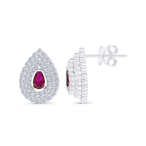 [EAR01RUB00WCZB652] Sterling Silver 925 Earring Rhodium Plated Embedded With Ruby Corundum And White CZ
