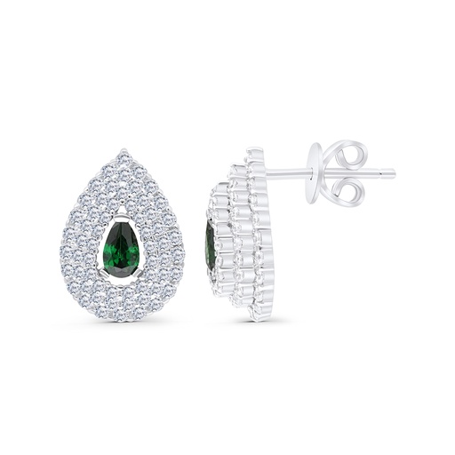 [EAR01EMR00WCZB652] Sterling Silver 925 Earring Rhodium Plated Embedded With Emerald And White CZ