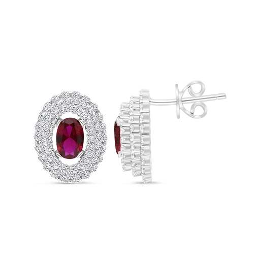 [EAR01RUB00WCZB653] Sterling Silver 925 Earring Rhodium Plated Embedded With Ruby Corundum And White CZ