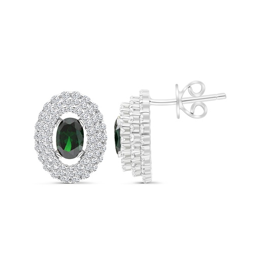 [EAR01EMR00WCZB653] Sterling Silver 925 Earring Rhodium Plated Embedded With Emerald And White CZ