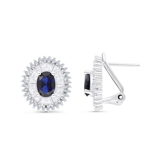 [EAR01SAP00WCZB657] Sterling Silver 925 Earring Rhodium Plated Embedded With Sapphire CorundumAnd White CZ