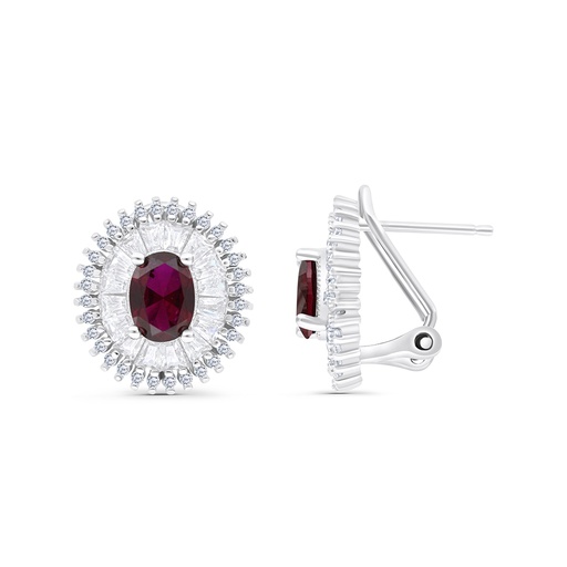 [EAR01RUB00WCZB657] Sterling Silver 925 Earring Rhodium Plated Embedded With Ruby Corundum And White CZ