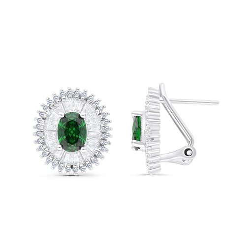 [EAR01EMR00WCZB657] Sterling Silver 925 Earring Rhodium Plated Embedded With Emerald And White CZ