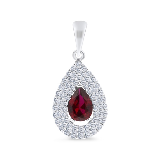[PND01RUB00WCZA808] Sterling Silver 925 Pendant Rhodium Plated Embedded With Ruby Corundum And White CZ