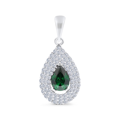 [PND01EMR00WCZA808] Sterling Silver 925 Pendant Rhodium Plated Embedded With Emerald And White CZ