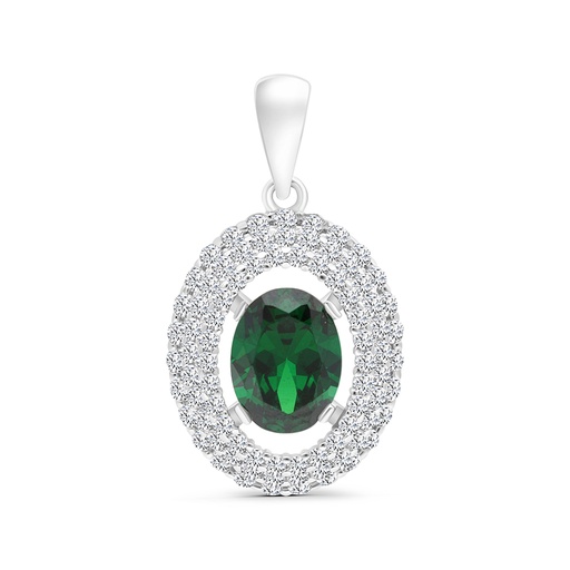 [PND01EMR00WCZA809] Sterling Silver 925 Pendant Rhodium Plated Embedded With Emerald And White CZ