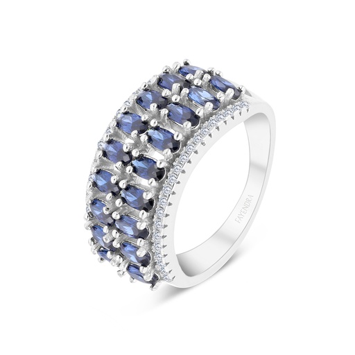 Sterling Silver 925 Ring Rhodium Plated Embedded With Tanzanite And White CZ
