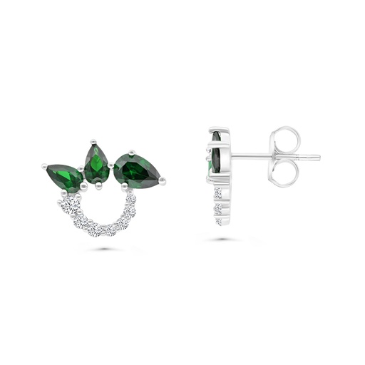 [EAR01EMR00WCZB436] Sterling Silver 925 Earring Rhodium Plated Embedded With Emerald And White CZ