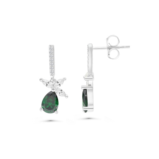[EAR01EMR00WCZB437] Sterling Silver 925 Earring Rhodium Plated Embedded With Emerald And White CZ