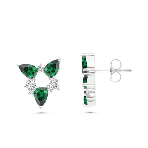 [EAR01EMR00WCZB440] Sterling Silver 925 Earring Rhodium Plated Embedded With Emerald And White CZ