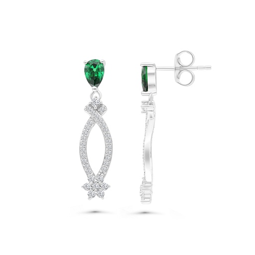 [EAR01EMR00WCZB444] Sterling Silver 925 Earring Rhodium Plated Embedded With Emerald And White CZ
