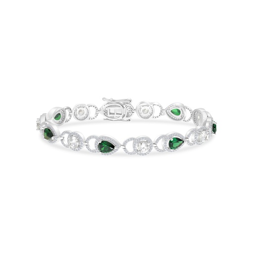 [BRC01EMR00WCZA790] Sterling Silver 925 Bracelet Rhodium Plated Embedded With Emerald And White CZ
