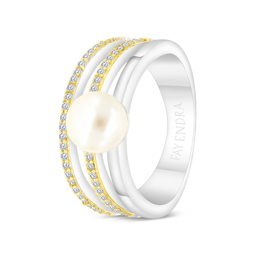 Sterling Silver 925 Ring Rhodium And Gold Plated Embedded With White Shell Pearl And White CZ