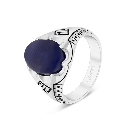 Sterling Silver 925 Ring Rhodium Plated Embedded With Blue Tiger Eye For Men 