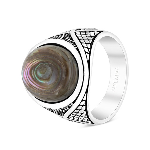 Sterling Silver 925 Ring Rhodium Plated Embedded With Blue shell For Men