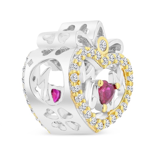 [BCB28RUB00WCZA344] Sterling Silver 925 CHARM Rhodium And Gold Plated Embedded With Ruby Corundum And White CZ