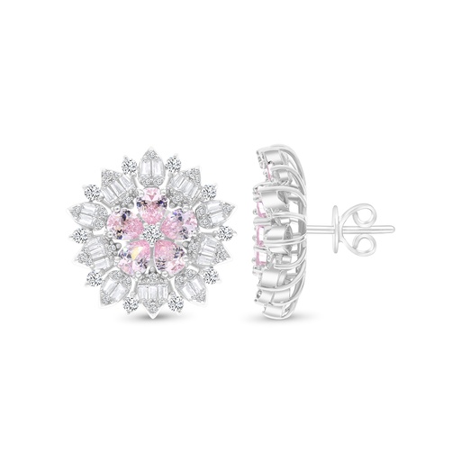 [EAR01PIK00WCZB682] Sterling Silver 925 Earring Rhodium Plated Embedded With Pink Zircon And White CZ