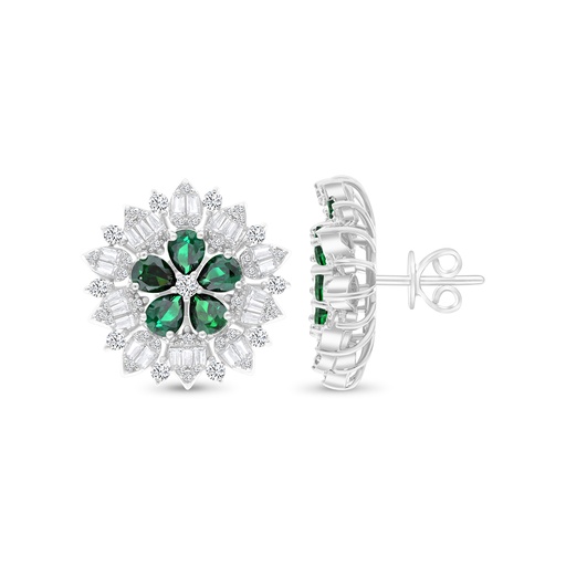 [EAR01EMR00WCZB682] Sterling Silver 925 Earring Rhodium Plated Embedded With Emerald And White CZ