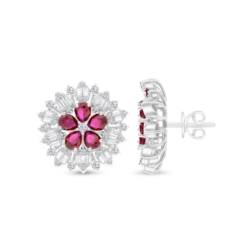 [EAR01RUB00WCZB682] Sterling Silver 925 Earring Rhodium Plated Embedded With Ruby Corundum And White CZ