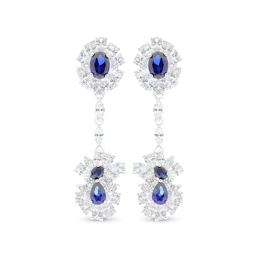 [EAR01SAP00WCZB695] Sterling Silver 925 Earring Rhodium Plated Embedded With Sapphire Corundum And White CZ
