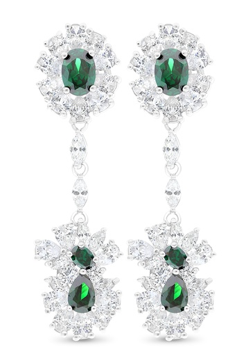 [EAR01EMR00WCZB695] Sterling Silver 925 Earring Rhodium Plated Embedded With Emerald And White CZ