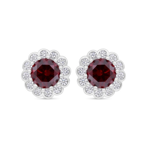 [EAR01RUB00WCZB698] Sterling Silver 925 Earring Rhodium Plated Embedded With Ruby Corundum And White CZ