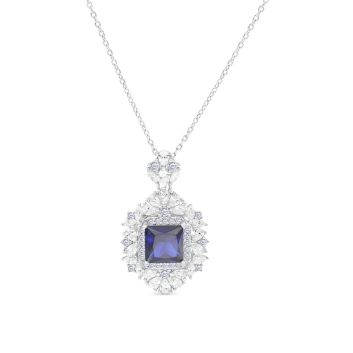[NCL01SAP00WCZA764] Sterling Silver 925 Necklace Rhodium Plated Embedded With Sapphire Corundum And White CZ