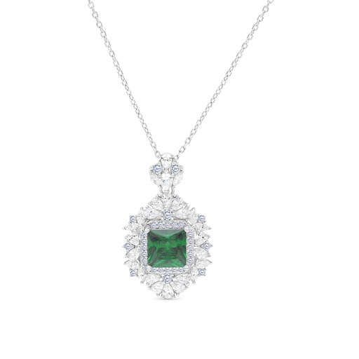 [NCL01EMR00WCZA764] Sterling Silver 925 Necklace Rhodium Plated Embedded With Emerald Zircon And White CZ