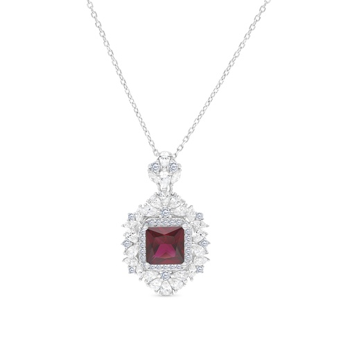 [NCL01RUB00WCZA764] Sterling Silver 925 Necklace Rhodium Plated Embedded With Ruby Corundum And White CZ