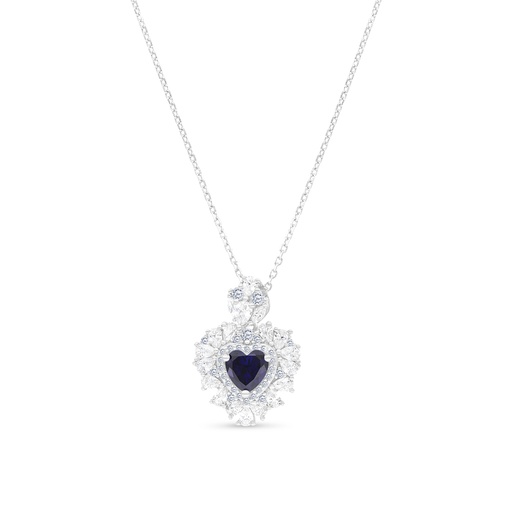 [NCL01SAP00WCZA766] Sterling Silver 925 Necklace Rhodium Plated Embedded With Sapphire Corundum And White CZ